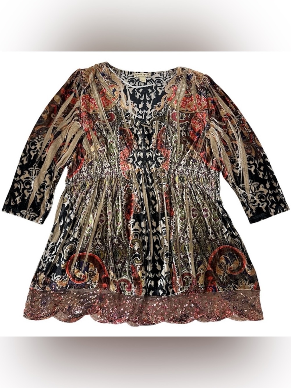 ENERGE WORLD WEAR Velvet Burnout Tunic Top Paisley Sequin | SIZE Petite Large